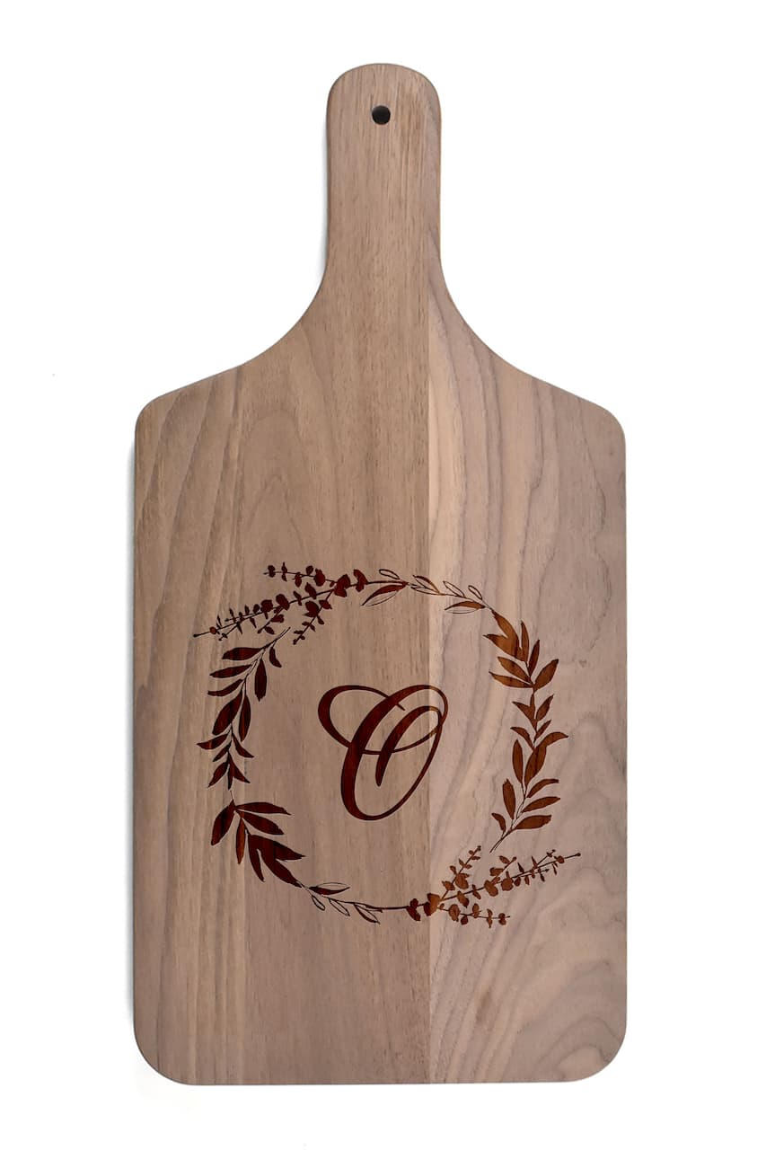 Floral Wreath Monogram Walnut Paddle Cutting Board